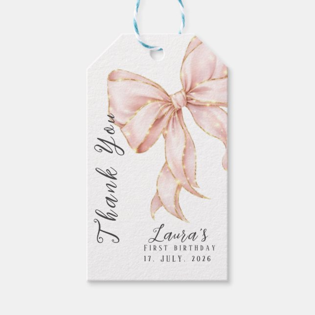 Étiquettes-cadeau Pink Bow Girl First Birthday Party  (Devant)