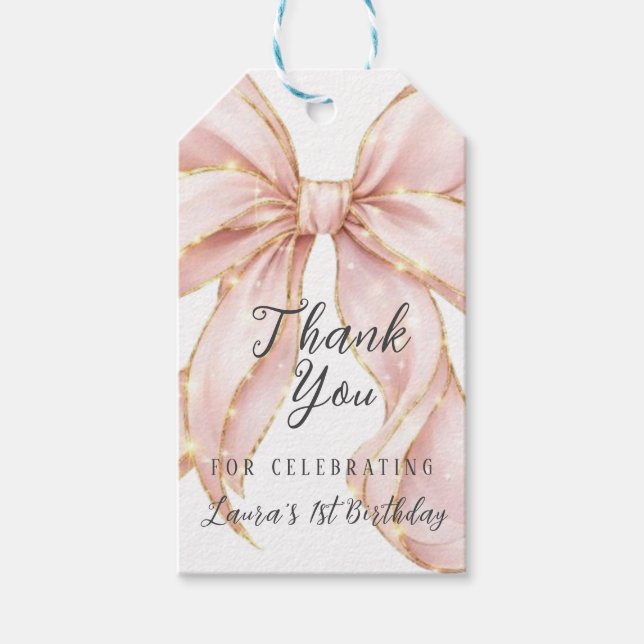 Étiquettes-cadeau Pink Bow Girl First Birthday Party  (Devant)
