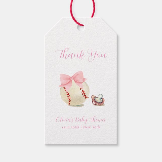 Étiquettes-cadeau Pink Bow Pacifier Baseball Sport Girl Baby Shower (Devant)