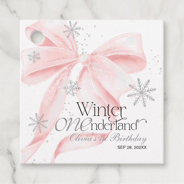 Étiquettes Cadeau Pink Bow Winter Onederland 1st Birthday (Devant)