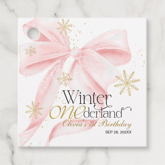 Étiquettes Cadeau Pink Bow Winter Onederland 1st Birthday (Devant)