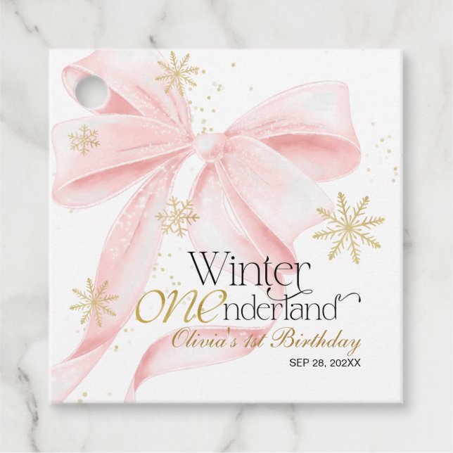 Étiquettes Cadeau Pink Bow Winter Onederland 1st Birthday (Devant)