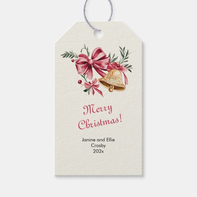 Étiquettes-cadeau Pink Bows Gold Bells Noël (Devant)