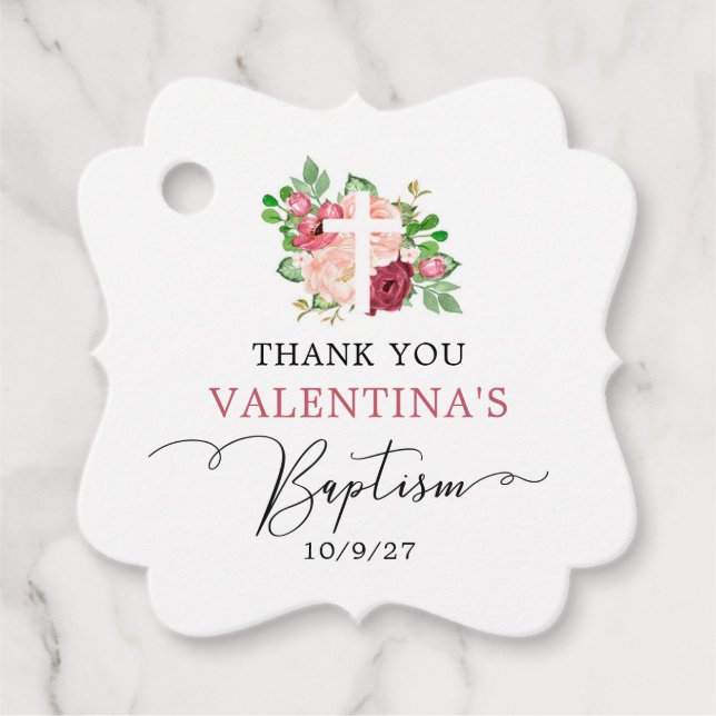 Étiquettes Cadeau Pink Burgundy Floral Girl Baptism Favoriser les ét (Devant)
