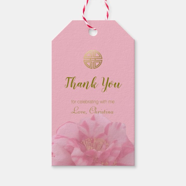 Étiquettes-cadeau Pink Camellia Floral Chinois fête d'anniversaire F (Devant)