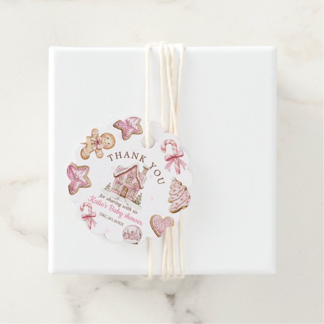 Étiquettes Cadeau Pink Christmas Gingerbread Cookies Baby Shower  (En situation)