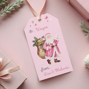 Étiquettes-cadeau Pink Christmas Retro Vintage Santa Claus à De