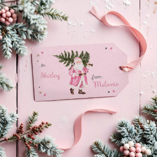 Étiquettes-cadeau Pink Christmas Retro Vintage Santa Claus à De