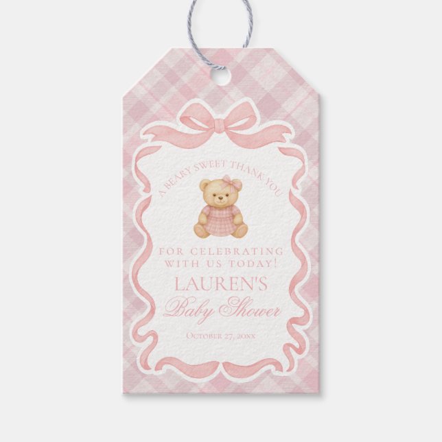 Étiquettes-cadeau Pink Coquette Bow Bear Tartan Baby Shower Favors (Devant)