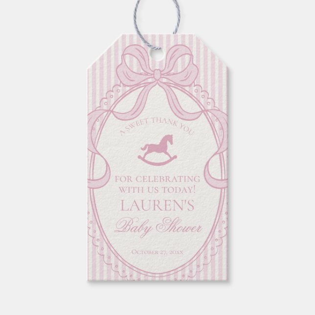 Étiquettes-cadeau Pink Coquette Bow Rocking Horse Baby Shower Favors (Devant)