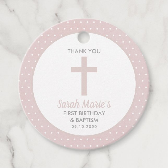 Étiquettes Cadeau Pink Cross Girl Baptism First Birthday Thank (Devant)
