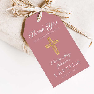 Étiquettes-cadeau Pink Dusty Rose Religious Cross Girl Baptism