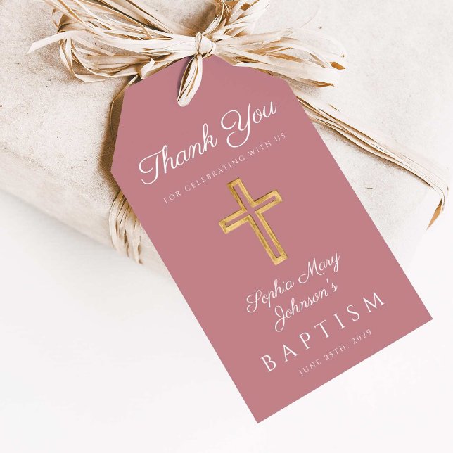 Étiquettes-cadeau Pink Dusty Rose Religious Cross Girl Baptism (Pink Religious Cross Girl Baptism Thank You Gift Tags)