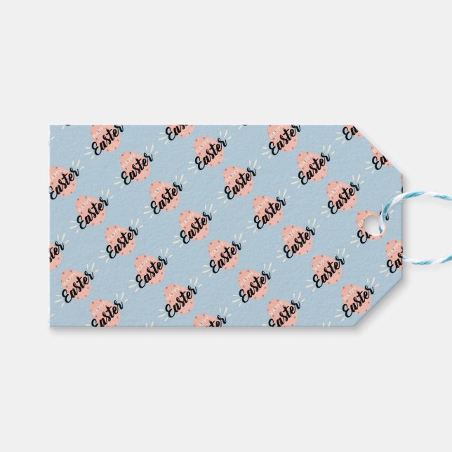 Étiquettes-cadeau Pink Easter Egg on Light Blue (Devant (Horizontal))