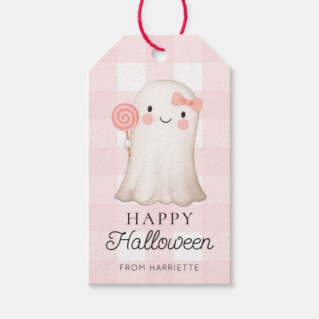 Étiquettes-cadeau Pink En vichy Halloween joyeux mignon Fantôme d'Ha (Devant)