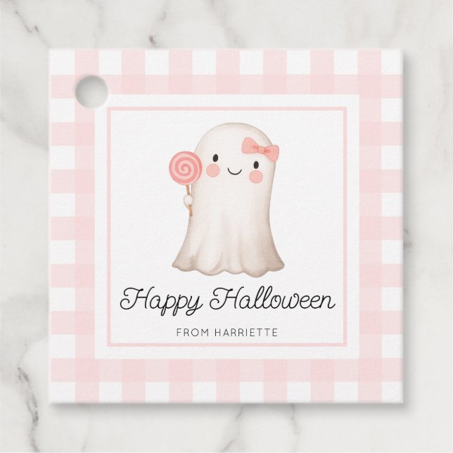 Étiquettes Cadeau Pink En vichy Halloween joyeux mignon Ghost Faver  (Devant)