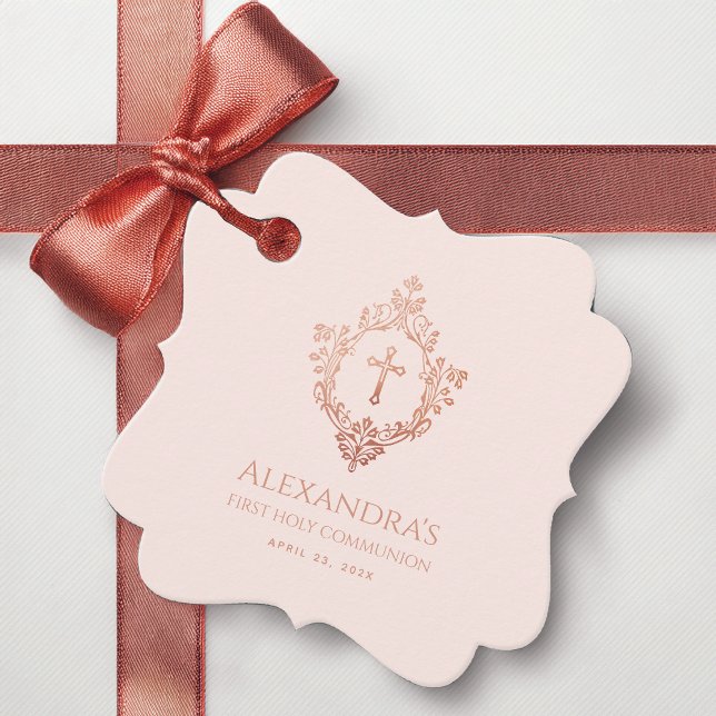 Étiquettes Cadeau Pink First Communion Élégante fille Rose Gold Cres (Créateur téléchargé)