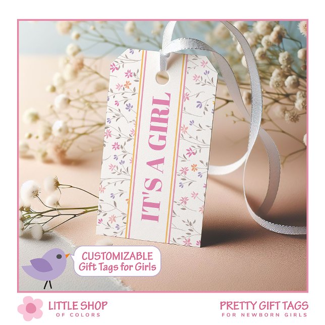 Étiquettes-cadeau Pink Floral C’est une fille Baby shower personnali (Créateur téléchargé)