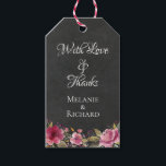 Étiquettes-cadeau Pink Floral Chalkboard Merci Favoriser les étiquet<br><div class="desc">Tableau noir rayé avec de jolies fleurs roses rousses. Idéal pour les faveurs de mariage et les cadeaux d'anniversaire. Les invitations et les cartes sont disponibles dans une sélection d'options de forme (arêtes arrondies, échalotes, etc.) et dans un choix de textures de papier. Les styles de police, les couleurs et...</div>