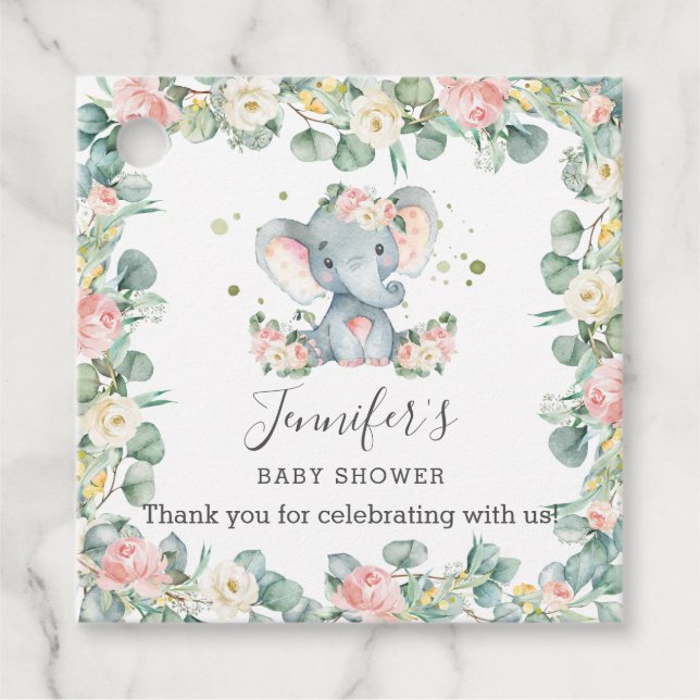 Étiquettes Cadeau Pink Floral Greenery Elephant Baby shower Annivers (Devant)
