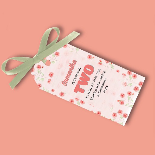 Étiquettes-cadeau Pink Floral Second Birthday Custom Party Favor (Cute pink floral custom girls birthday party favor tag.)
