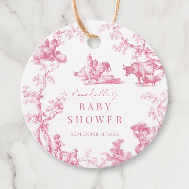 Étiquettes Cadeau Pink French Country Farm Animal Girl Baby shower (Devant)