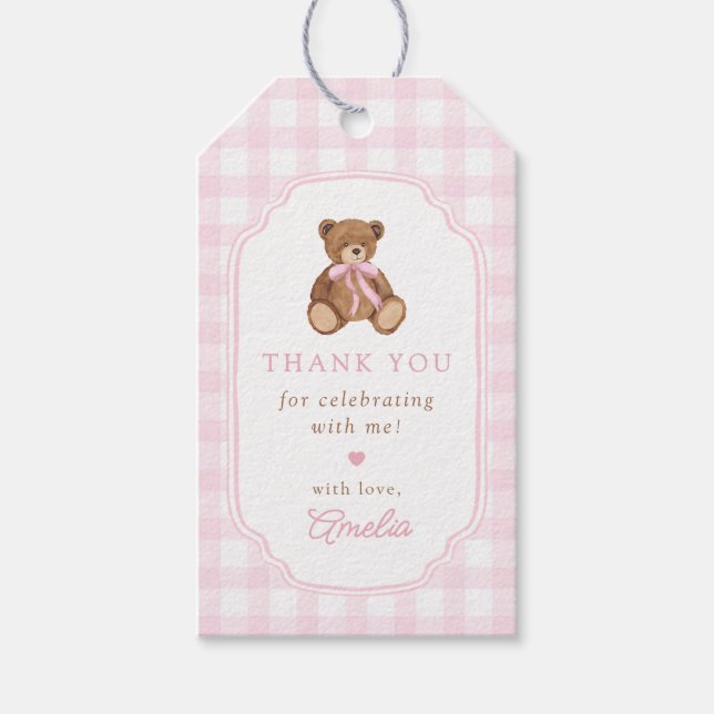 Étiquettes-cadeau Pink Gingham Teddy Bear Beary First Birthday (Devant)