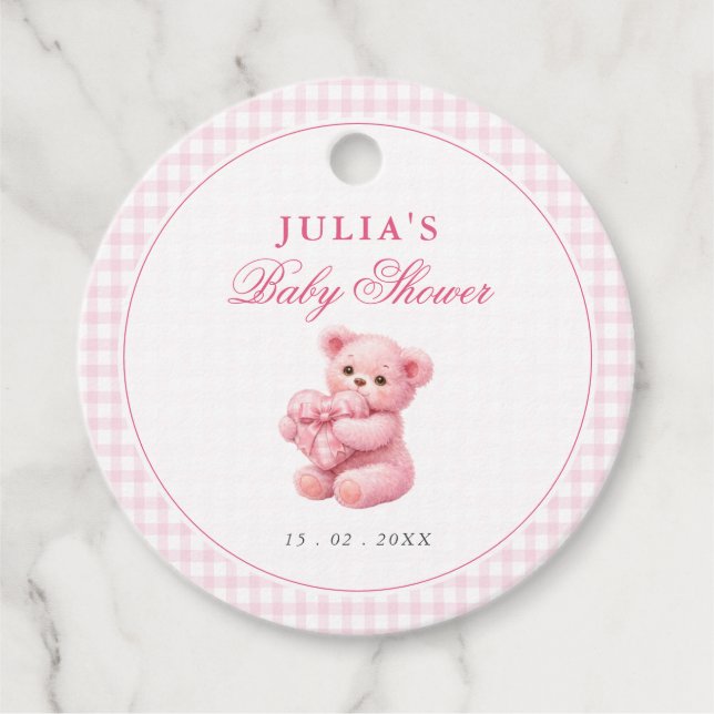 Étiquettes Cadeau Pink Gingham Teddy Bear Neutral Baby Shower (Devant)