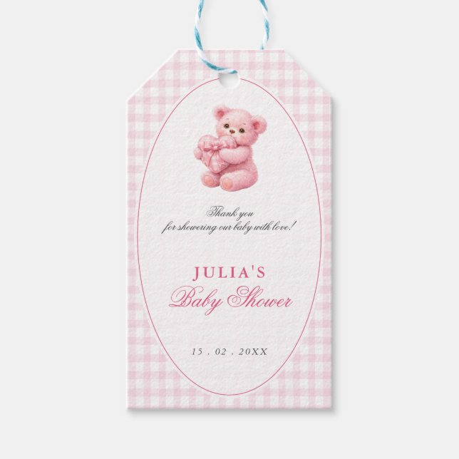 Étiquettes-cadeau Pink Gingham Teddy Bear Neutral Baby Shower (Devant)