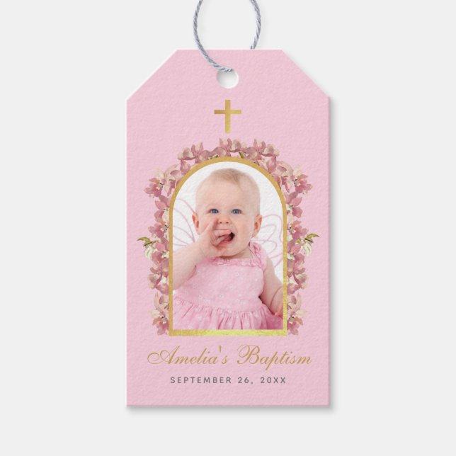Étiquettes-cadeau Pink Girl Baptism Photo Floral Orchids Gold Arch (Devant)