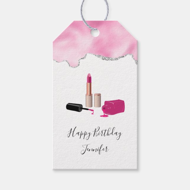 Étiquettes-cadeau Pink Glam Lipstick & ongle Polonais Beauté Anniver (Devant)