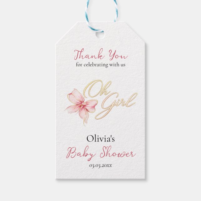Étiquettes-cadeau Pink & Gold “Oh Girl” Gold Typography Baby Shower (Devant)