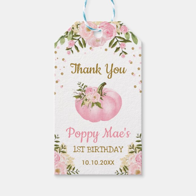 Étiquettes-cadeau Pink Gold Pumpkin Girl Anniversaire fête automne F (Devant)