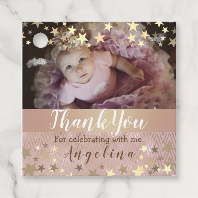 Étiquettes Cadeau Pink Gold Star Photo 1er anniversaire (Devant)