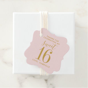 Étiquettes Cadeau Pink Gold Sweet 16 Nom photo Merci Anniversaire