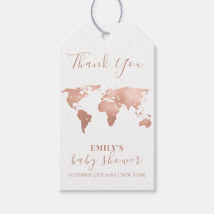 Étiquettes-cadeau Pink Gold World Map Voyage Baby shower d'aventure
