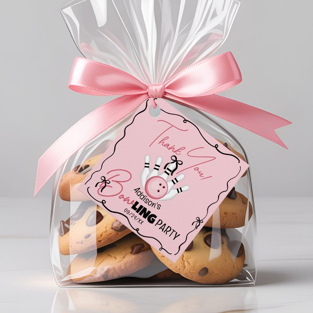 Étiquettes Cadeau Pink Hand Drawn BOWling Bows Girl Birthday Party (Cute funny BOWling theme pink and black coquette bows custom girl birthday party square favor tags)
