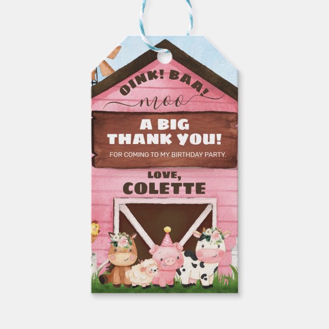 Étiquettes-cadeau Pink Oink Baa Moo ferme Anniversaire Merci (Devant)