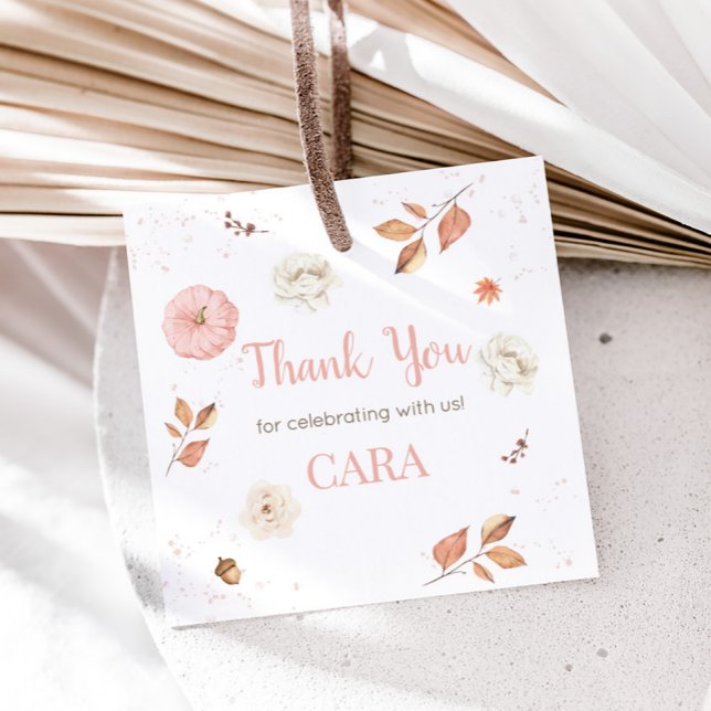 Étiquettes Cadeau Pink One Petit Citrouille Carré de fête d'annivers (Pink Little Pumpkin First Birthday Party Square Favor Tags)