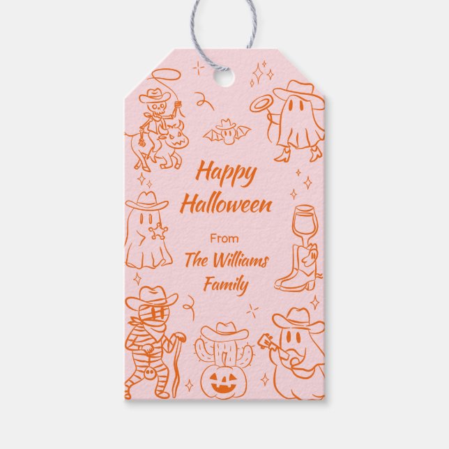 Étiquettes-cadeau Pink Orange Quirky Main Tirée Éffrayant Halloween (Devant)
