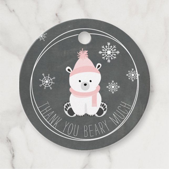Étiquettes Cadeau Pink Polar Ours Snowflakes Chalkboard Baby shower (Devant)