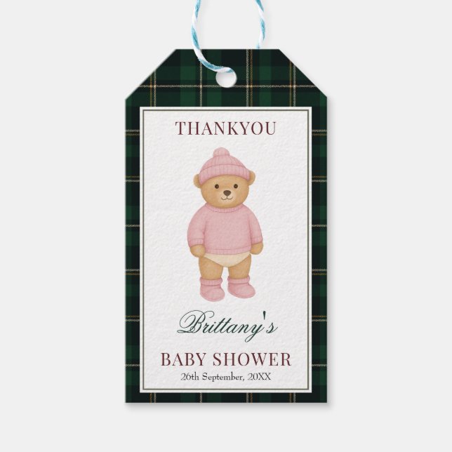 Étiquettes-cadeau Pink Preppy Bear Plaid Baby Shower (Devant)