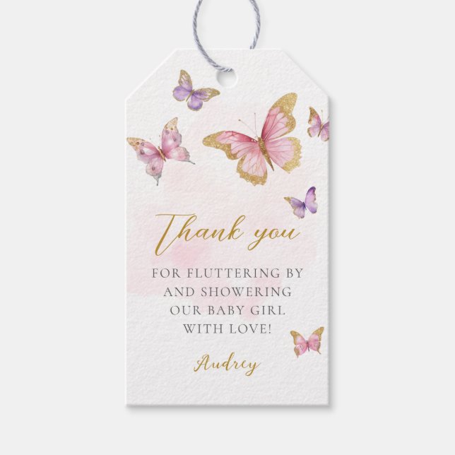 Étiquettes-cadeau Pink Purple Gold Butterfly Girl Baby shower (Devant)