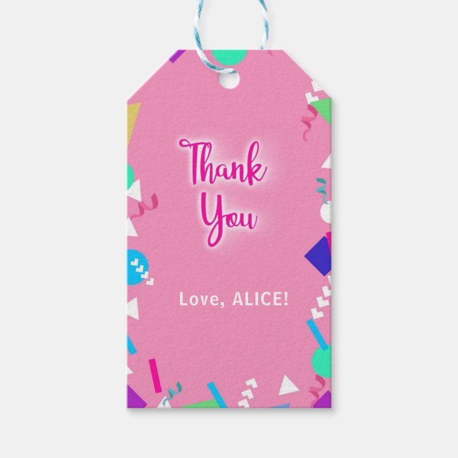 Étiquettes-cadeau Pink Retro 80s Motif Anniversaire Balises cadeaux (Devant)