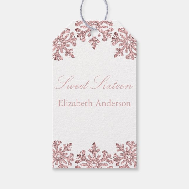 Étiquettes-cadeau Pink Rose Gold Snowflake Winter Sweet 16 (Devant)