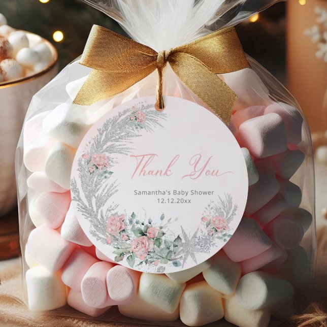 Étiquettes Cadeau Pink Rose Silver Winter Thank you (Créateur téléchargé)