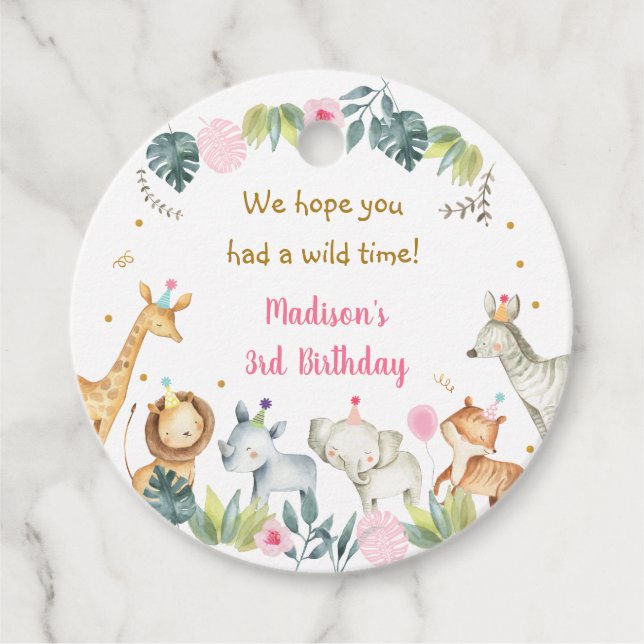 Étiquettes Cadeau Pink Safari Party Animal Anniversaire (Devant)