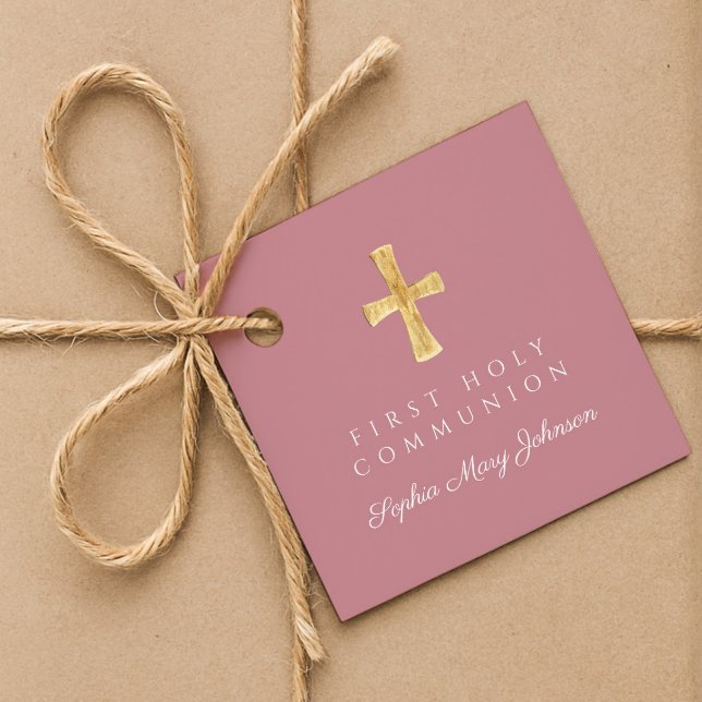 Étiquettes Cadeau Pink Script Cross Girl First Communion (Pink Script Cross Girl First Communion Favor Tags)