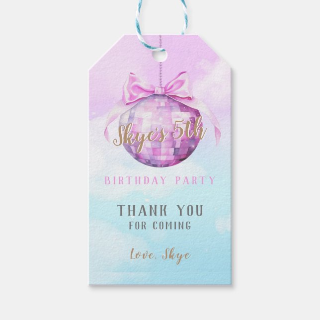 Étiquettes-cadeau Pink Sky Discoball Girl Anniversaire Invitation (Devant)