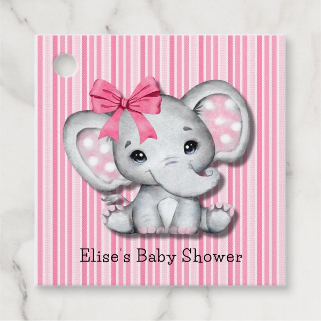 Étiquettes Cadeau Pink Stripes Aquarelle Elephant Girl Baby shower (Devant)